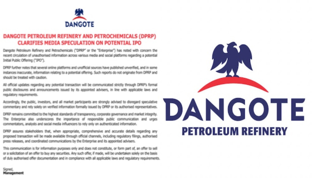 Dangote Refinery Denies IPO Speculation, Urges Public To Disregard Unverified Reports
