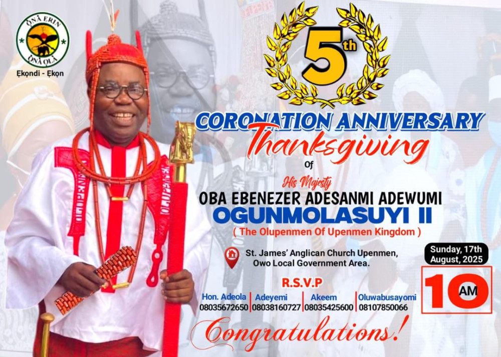 Bamidele Congratulates Oba Ebenezer Adesanmi Adewumi on Five Years of Vision, Growth, Unity in Upenmen Kingdom